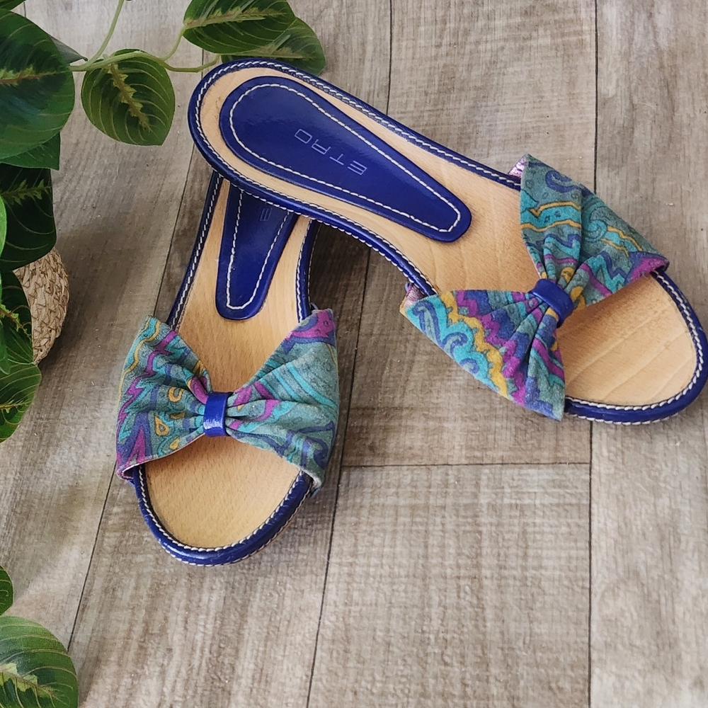 Etro Vintage Teal, Blue, Gold & Magenta Suede & Wood Sandals Size 7